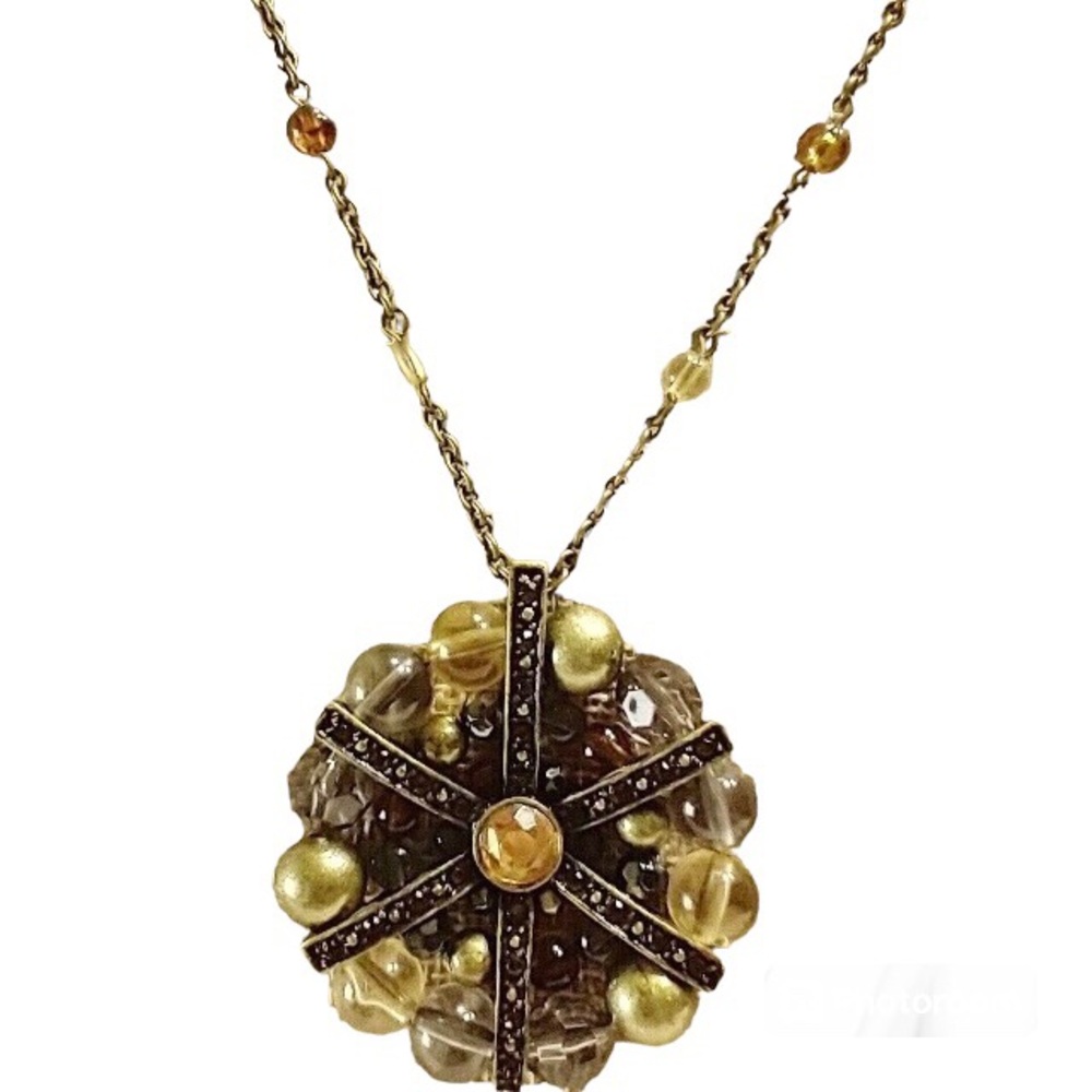 SAQ Vintage Flower Wheel of Life Long Bronze-Like Beaded Lucite Pendant Necklace - Picture 1 of 8